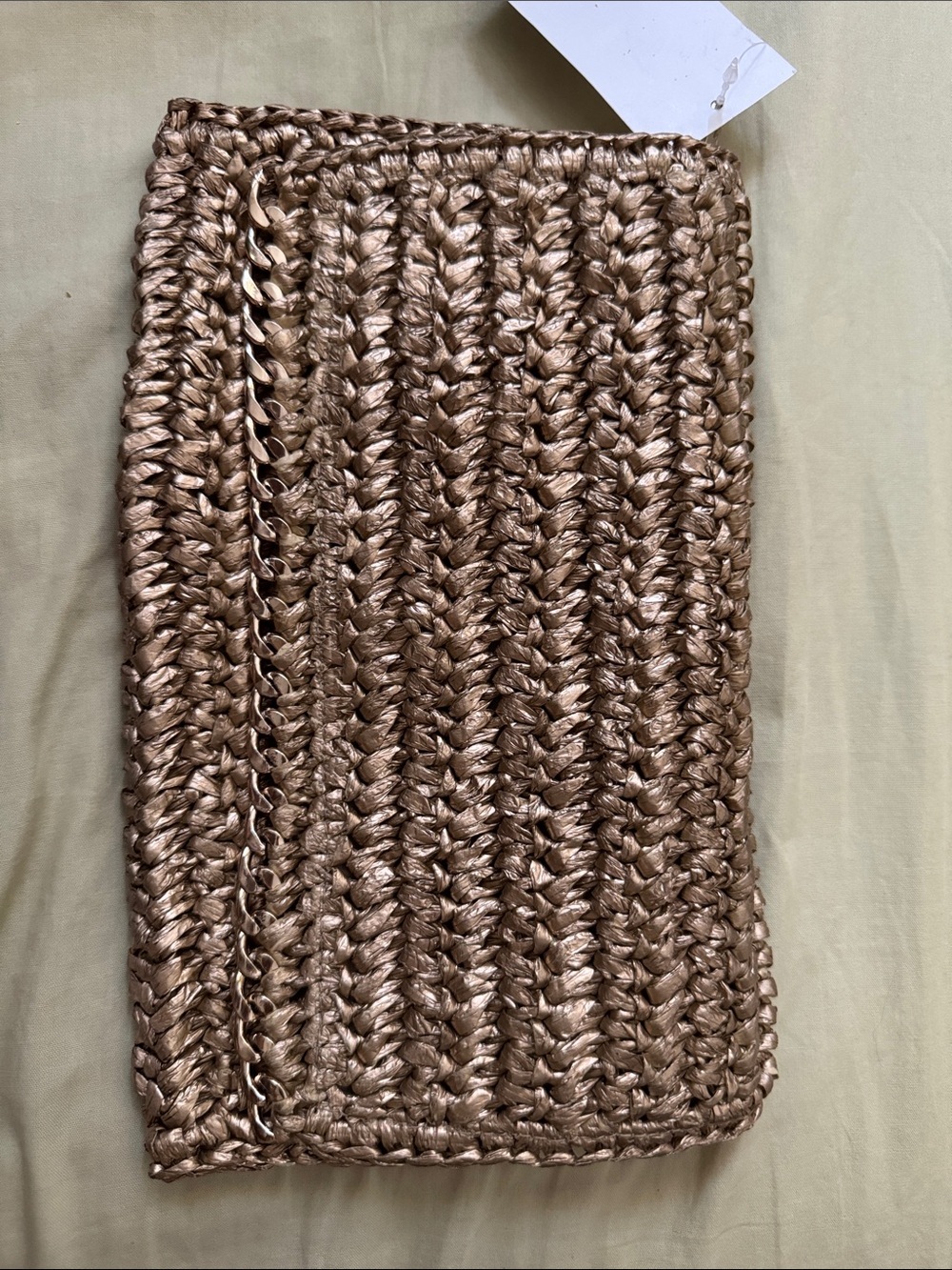 NWT H&M bronze metallic clutch with textured, braided design and chain link trim